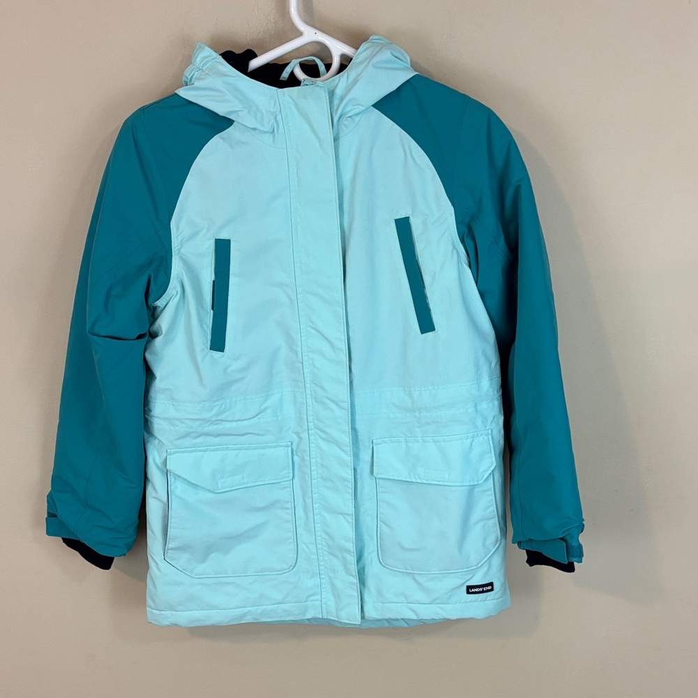 Lands End Kids Teal Winter Hooded Jacket Size M 10-12 Grow-A-Long